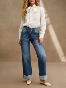 Quần jeans nữ ống đứng, thiết kế cài nút, dáng dài, lựa chọn thanh lịch thường ngày. - Rửa tối - Xem 4