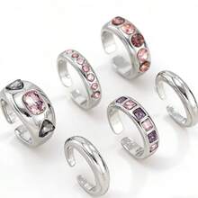 6pcs/Set Fashionable Pink & Purple Gemstone Design Charm Rings Set, Snake Geometric Cubic Zirconia Stacking Rings, European & American Style Rings For Party Accessories - Multicolor - View 2