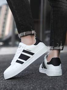 男女通用休闲运动鞋、滑板鞋、四季鞋、健身训练鞋、户外休闲鞋、条纹设计、系带 - 白色 - 查看 4