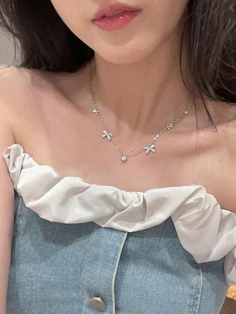 1件装女士蝴蝶结项链，INS风时尚百搭高端设计颈链，精致颈链，情人节礼物 - 銀色 - 查看 1