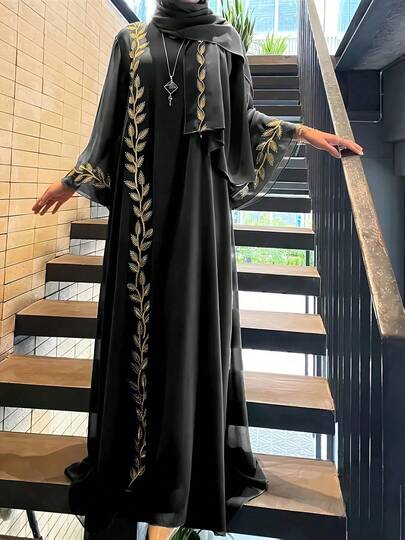 女士休闲宽松花卉刺绣连衣裙，配头巾，适合派对和日常穿着，黑色，春季款