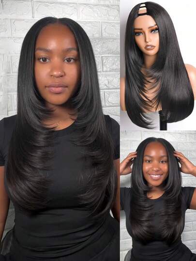 Layered Cut Straight U Part Black Layers Wig Yaki Straight Synthetic Glueless 24inch And 14 Inch Bob Short U Part Bob Wigs For Black Women No Leave Out No Sew In No Glue Clip In Half Wigs