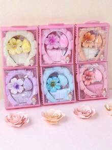 5 Pcs Girls Sponge Spa Headband Face Wash Wristbands With Large Plastic Flower Hair Claw Clip Gift Set Facial Hairband Hair Stuff Hair Accessories Set With Delicate Box For Party Gifts And Daily Use - Bộ 5 món hoa 5 cánh màu xanh dương - Xem 2