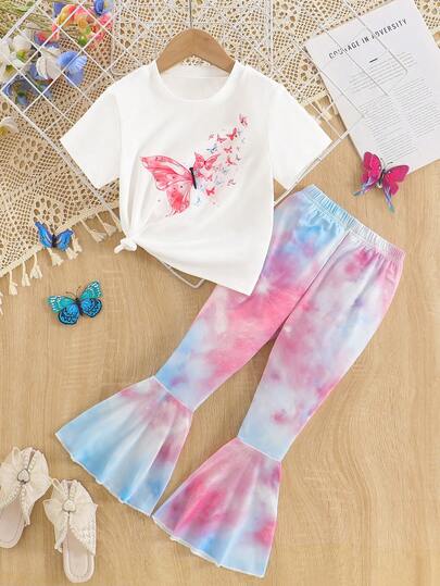 2件套女童休闲圆领白色短袖彩色蝴蝶结印花上衣和随机扎染印花荷叶边裤套装，春夏款