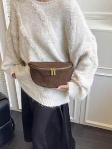 Bolso de cintura de ante sintético de invierno, bolso de pecho de moda para mujer, bolso de correa simple, bolso de cintura de diseñador, bolso bandolera cruzado femenino - Marrón - Ver 8