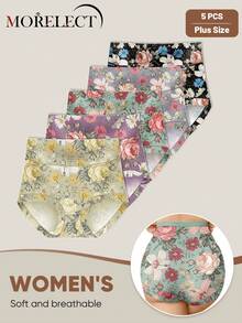 Morelect 5pcs/Pack Women Plus Size High Waist Soft & Comfortable Printed & Contrast Color Design Panties, Daily Underwear - Multicolor - View 5