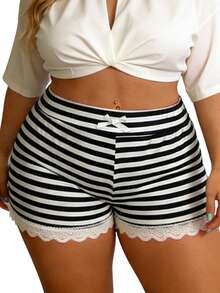 Womens Plus Size Mini Shorts Casual Slim Fit Stylish Striped Lace Trim Elastic Low Rise Shorts for Spring/Summer - Negro - Ver 5