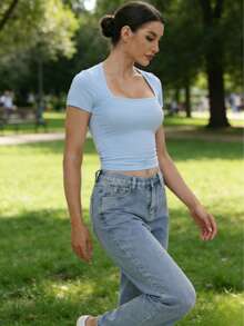 Luueen Womens Sexy Square Neck Short Sleeve Casual Fashion Shirt Basic Slim Fit T Shirts - Baby Blue - View 3