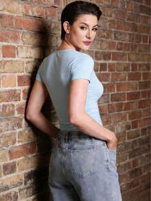 Luueen Womens Sexy Square Neck Short Sleeve Casual Fashion Shirt Basic Slim Fit T Shirts - Baby Blue - View 4