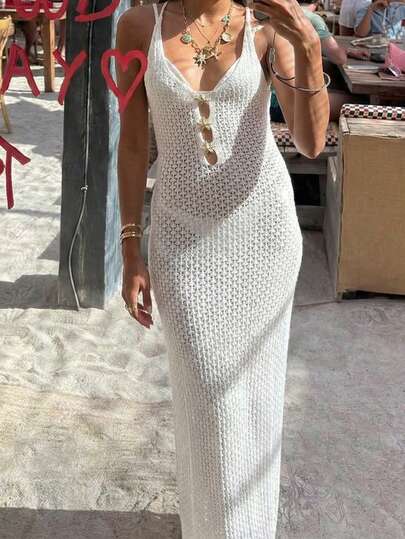 Vestido largo de mujer de ganchillo blanco | Vestido transparente con detalles de anillo de estrella y tirantes finos para la playa y vacaciones