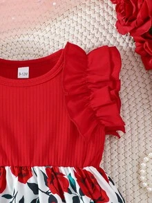 Baby Girls' Vintage Contrast Color Ruffle Hem Rose Print Cap Sleeve Dress, Cute & Stylish - Red - View 5
