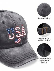 1pc USA Flag Printed Baseball Cap, Men's Oxford Lining, Classic Curved Brim, Natural, Comfortable And Breathable, Adjustable Hook And Loop Closure At The Back, Suitable For Everyday Wear, Outings, Sports, Outdoor Activities, Travel, Etc, For Spring/Summer/Fall, Independence Day, Memorial Day, El E Cti On Day - 黑色 - 查看 7