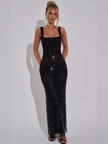 New Sexy Double Strap Sequin Mesh Dress Elegant Waist-Cinching Pullover Bodycon Evening Gown - màu xám hồng nhạt - Xem 6