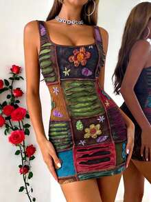 LOVE JOYY 女士 Y2K 风格撞色碎花吊带连衣裙，修身复古迷你裙，适合夏季派对、约会和度假 - 彩色 - 查看 6