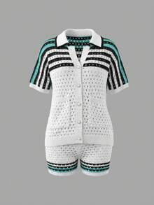 Bộ 2 món gồm áo sơ mi ngắn tay cài cúc phía trước và quần short dệt kim họa tiết kẻ sọc, thích hợp cho ngày Valentine, lễ hội âm nhạc, kỳ nghỉ biển mùa xuân. - Nhiều màu - Xem 6