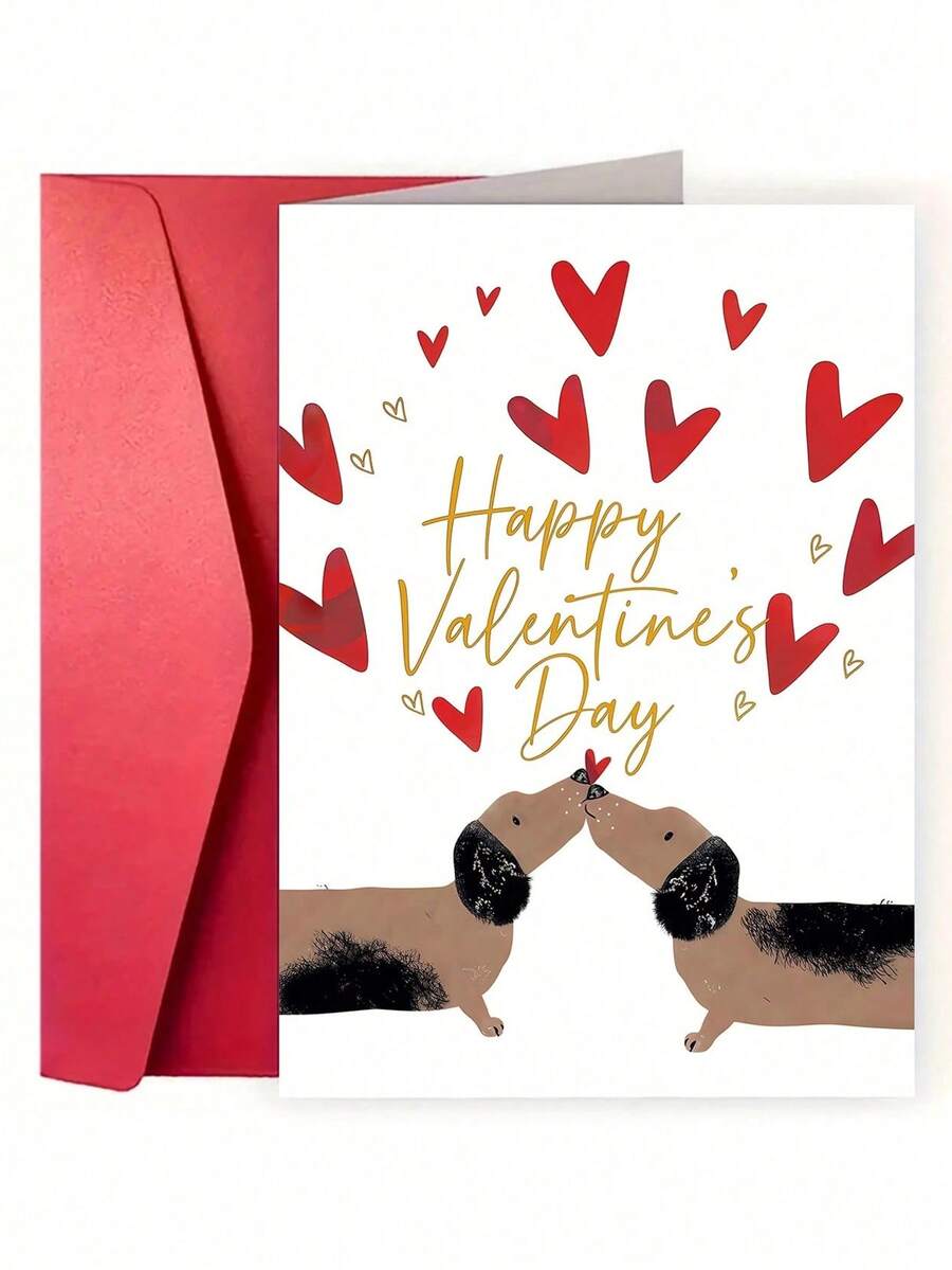 1pc Cute Dachshund Couple Valentine's Day Greeting Card, Sweet Puppy Kiss Love Card For Couples, Lovers & Dog Fans, Valentine's Day Gift, Best Valentine's Day Wishes To Express Love, Anniversary, Wedding Anniversary - Multicolor - View 1