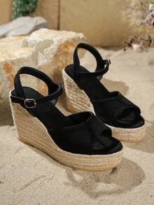 Nuevas sandalias decorativas de plataforma con punta y talón abiertos, cómodas y antideslizantes, versátiles y fáciles de limpiar, ideales para uso diario en la playa - Negro - Ver 2