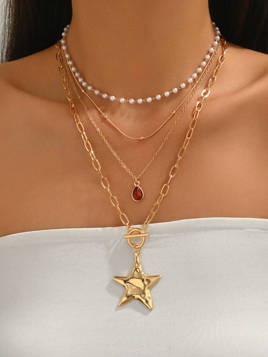 4pcs/Set Faux Pearl Starfish Pendant Necklace, Fashion Versatile Gold Bead Chain Choker Necklace, Suitable For Daily Wear, Beach Vacation, Dating, Photography Decoration - Gold - View 1