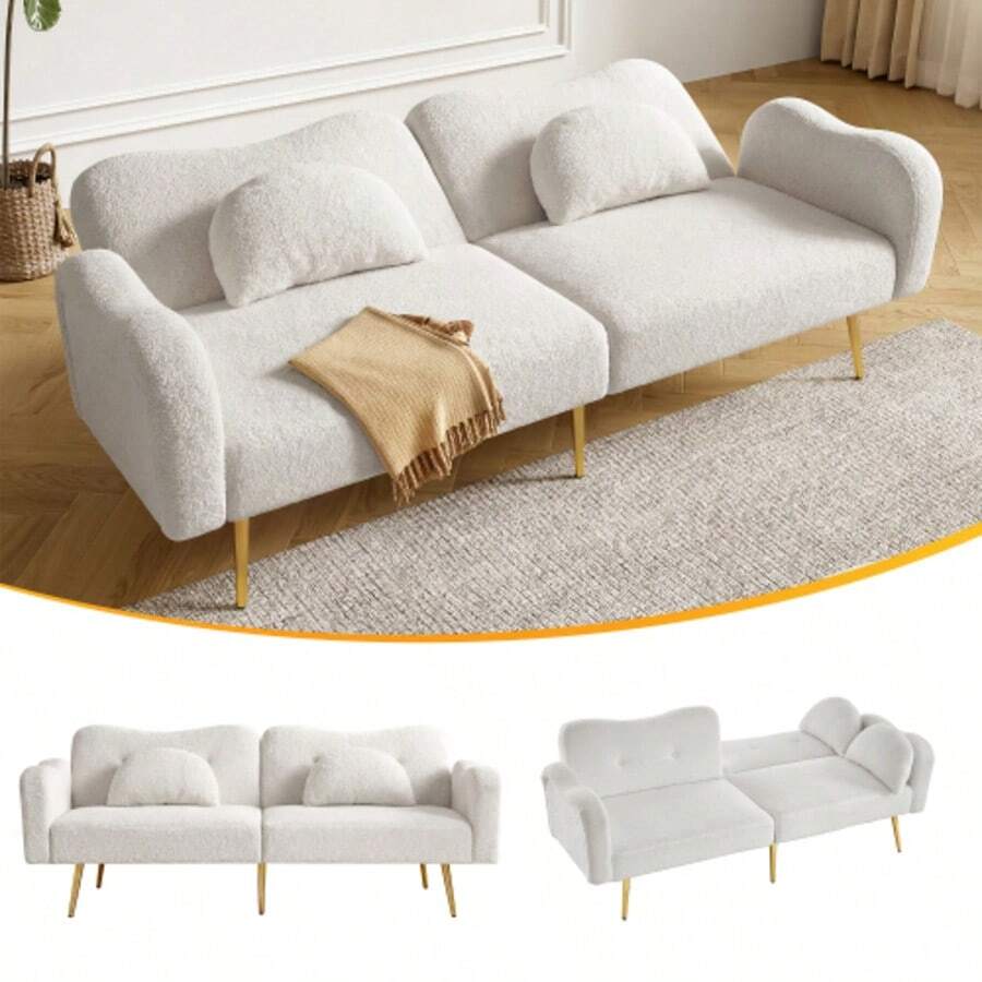 [Sleeping Function] Sofa Bed - 2-Seater - Modern 2-Seater Sofa With Adjustable Backrest And Gold Metal Legs, Integrated Bed Function. Multifunctional 2-In-1 Furniture. - White - View 1