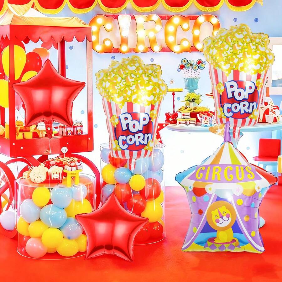 Set de 5 globos con temática de circo, incluye globos de circo, globos de palomitas, globos de pentágono, adecuado para decoración de fiesta de cumpleaños, decoración de fiesta de cine, decoración de temática de carnaval, decoración de fondo para actuación de circo, decoraciones de fiesta - Multicolor - Ver 1