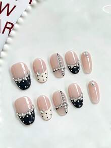 Set de 10 piezas de puntas de uñas ovaladas cortas hechas a mano, diseño de lunares blanco y negro francés con lazo y cristales, estilo dulce y lindo, accesorios de uñas postizas desmontables brillantes - Multicolor - Ver 2