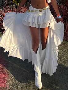 Vuslat Women's Summer Casual Vacation Solid Color Bohemian Asymmetrical Ruffle Hem Skirt, New Fashion Vacation Skirt, Suitable For Music Festivals, Beach Vacations, Dates, Parties, Gatherings, Travels - White - View 4