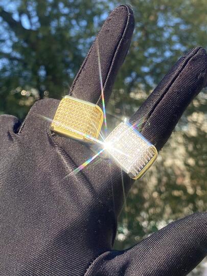 DUBSS 1 قطعة خاتم مرصع بالأحجار للرجال، مطلي بالذهب، مرصع بزركونيا مكعبة من الدرجة 5A، مجوهرات هيب هوب