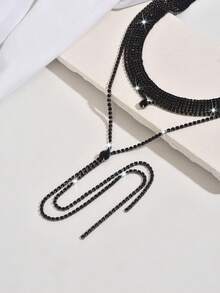 一套时尚多层流苏项链，黑色钻石项链，女士颈链 - 水鑽Y字項鍊 - 查看 3