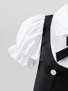 Girls' Retro Elegant Preppy Style Black & White Contrast Double-Breasted Collar Puff Sleeve Butterfly Dress, Suitable For School Activities, Children's Etiquette Parties, Photography, And Casual Social Occasions - Black and White - View 5