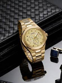 Guess Reloj de cuarzo para hombres, cronógrafo de acero inoxidable, caja de acero inoxidable casual de negocios/cristal resistente a los arañazos, regalo para hombres GW0798G2 - Dorado - Ver 5
