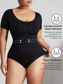 1pc Plus Size Women Seamless Shapewear, Tummy Control & Butt Lifting Bodysuit, Short Sleeve One-Piece Summer Outfit - Black - View 3