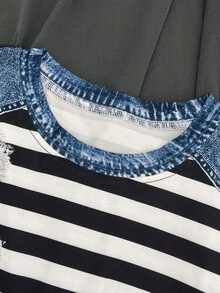 Women's Fashion Loose Casual Contrast Striped Denim Style Short Sleeve Shirt Summer - Multicolor - View 8