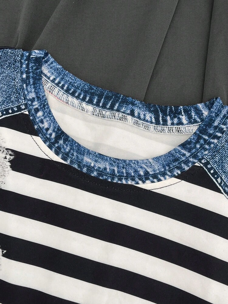 Women's Fashion Loose Casual Contrast Striped Denim Style Short Sleeve Shirt Summer - Multicolor - View 8