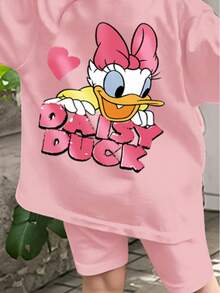 Disney 女婴两件套夏季可爱黛西鸭印花T恤和短裤套装，休闲儿童日常基础款字母印花针织圆领短袖松紧腰裤户外度假套装 - 粉色 - 查看 5