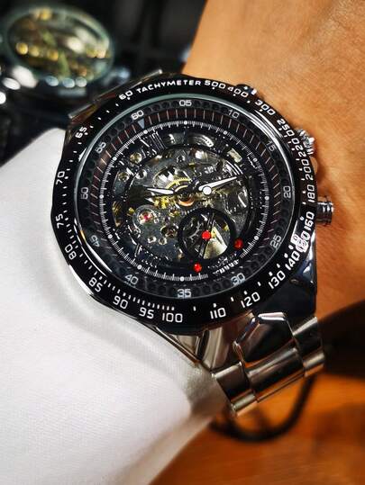 T-WINNER 1pc Men's Luxury Skeleton Automatic Mechanical Watch, Luminous Hands, Stainless Steel Strap, Fashion Business Men's Wristwatch, Top Brand Watch Gift, Gift Box Included