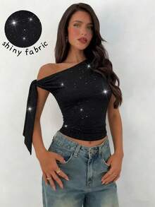 Camiseta de tirantes de mujer de primavera/verano de unicolor, de tela metálica brillante, de punto, sin mangas, ajustada, casual, para vacaciones y uso diario - Negro - Ver 1