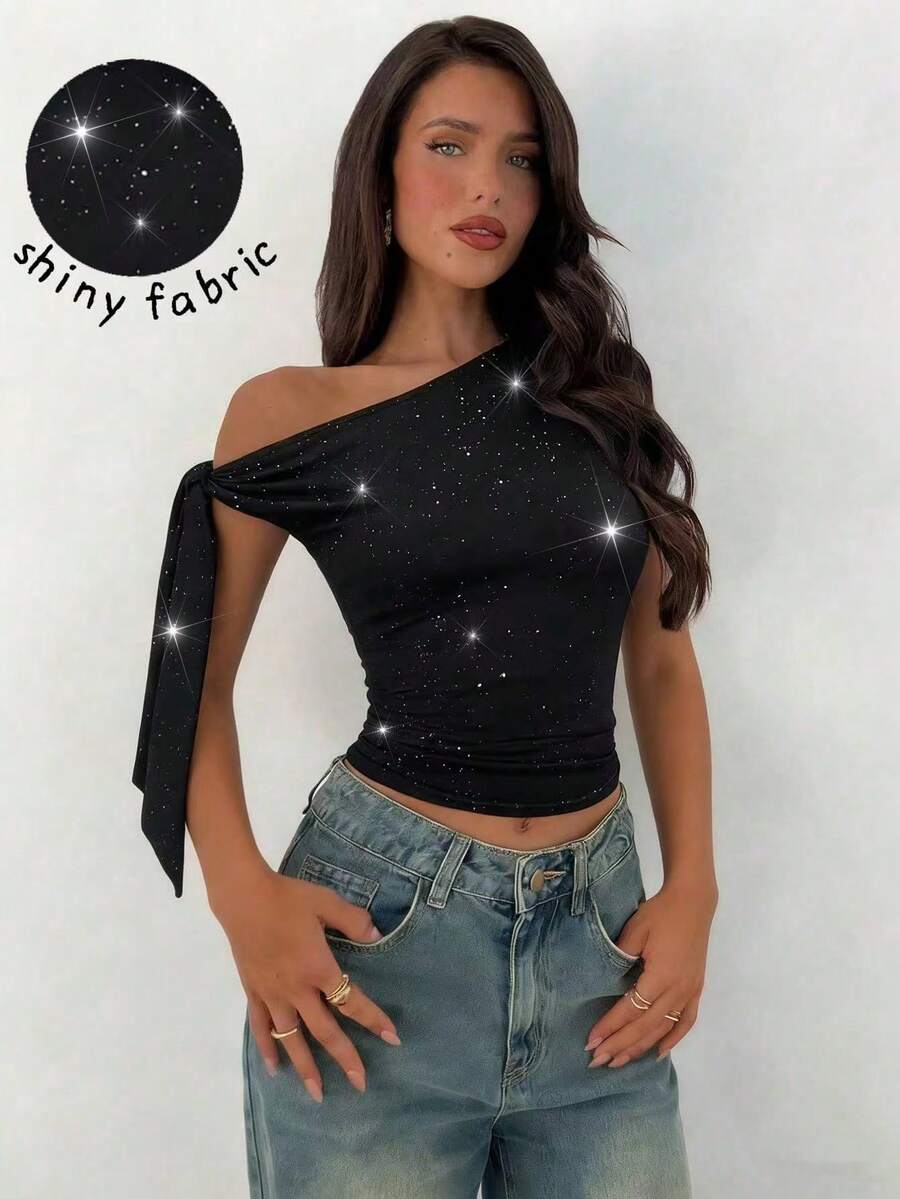 Camiseta de tirantes de mujer de primavera/verano de unicolor, de tela metálica brillante, de punto, sin mangas, ajustada, casual, para vacaciones y uso diario - Negro - Ver 1