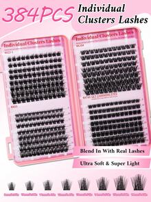 384PCS D Curl Cluster Lashes Book Kit, High Capacity Individual Lash Clusters Mixed 9-16mm Natural Look Wispy Soft And Comfortable False Eyelashes Long-Lasting Individual Lashes Kit With Lash Bond&Seal  Tweezers And Lash Brush - 黑色 - 查看 3