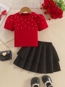Conjunto de 2 peças com Top de Gola Redonda e Manga Bufante com Decoração de Pérolas e Saia com Bainha Franzida e Cintura Elástica, Estilo Vintage, Primavera/Verão - Vermelho - Visão 8