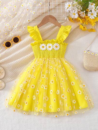 女童休闲宽松吊带方领碎花拼接网纱下摆连衣裙，适合日常穿着、外出或儿童派对，夏季连衣裙