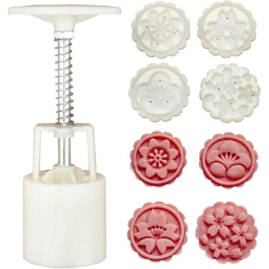 Mooncake Mold 4 PCS, Hand Press 50g Cookie Stamps,Moon Cake Mold Thickness Adjustable,Cute Patterns DIY Moon Cake Mold,Mid Autumn Festival DIY (B),40806355 - 粉色 - 查看 1