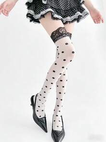 Medias por encima de la rodilla con lunares y encaje negro - Negro - Ver 3