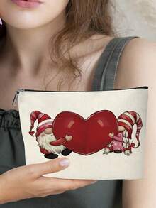1 Pc A Pair Of Little Elves Holding A Heart Pattern Cosmetic Bag Valentine's Day Makeup Bag Perfect Gift For Family And Friends - Red and White - View 3