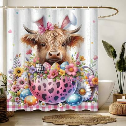 1/3pcs/4pcs Easter Shower Curtain Set, Eggs, Rabbits, Cartoon Pattern, Non-Slip Bathroom Rug, Toilet U-Shaped Mat, Toilet Lid Mat, Bathroom Decoration, Bathroom Accessories