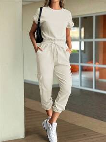 Vaiaye 女士休闲连体裤 - 修身短袖上衣和长裤，适合健身、休闲、性感多功能户外运动，春季长袖罗纹针织连体裤，情人节夏季礼物 - 卡其色 - 查看 5