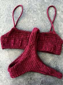 Women's Sexy Triangle Bikini Set Smocked Textured Scoop Frilled Solid Ruched Elastic Swimsuit Two Piece Bathing Suit - Burgundy - View 1
