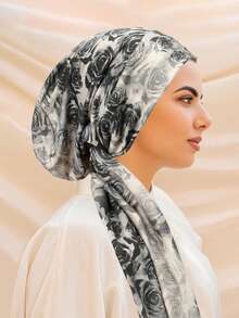 1pc Women's Vintage Rose Jacquard Muslim Headscarf Hat - Elastic Breathable Long-Tail Tie-Back Modest Cover,Multi-Color Elegant For All-Skull Coverage (Hand Washable) - For Muslim Women Daily Wear Hair Sleep Cap - Color - View 7