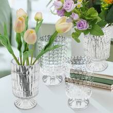 4 Pcs Clear Glass Flower Vase Set, Embossed Pedestal Crystal Vases For Wedding Centerpiece, Valentines Day, Christmas Home Decor, Housewarming Gifts, Table Decor & Floral Arrangements (Clear) - Transparent - View 6