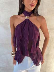 Women's Elegant Multi-Layer Ruffle Trim Stand Collar Fitted Top Purple P0AY - màu đen - Xem 6