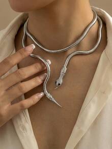 1件Y2K复古蛇形缠绕颈链，百搭个性设计，适合派对、送礼和日常佩戴 - 銀色 - 查看 1
